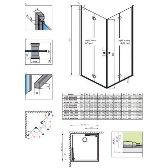 Душевой уголок Radaway Eos KDD B стеклянный цвета хром 100х80 см схема 2