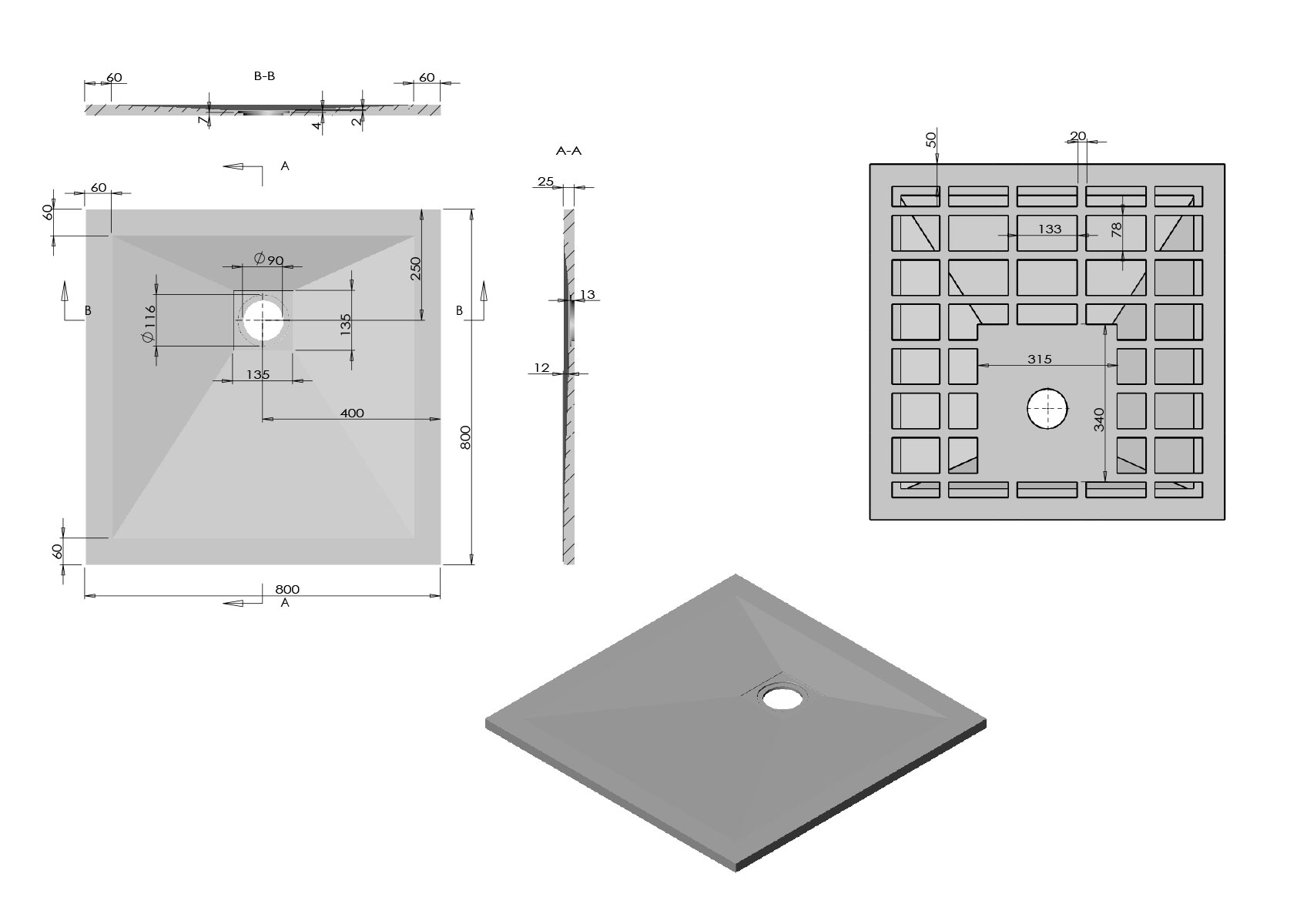 Квадратный поддон для душа из искуственного камня Vincea VST-4SR8080W схема 5