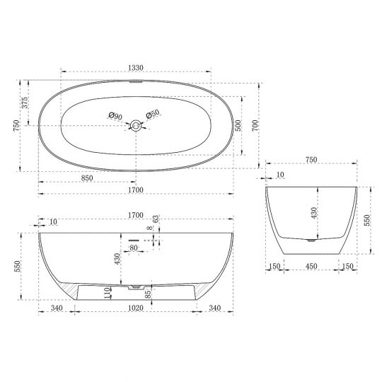 Отдельностящая ванна Vincea Solid Surface слив-перелив в комплекте VBT-6S01MW схема 4