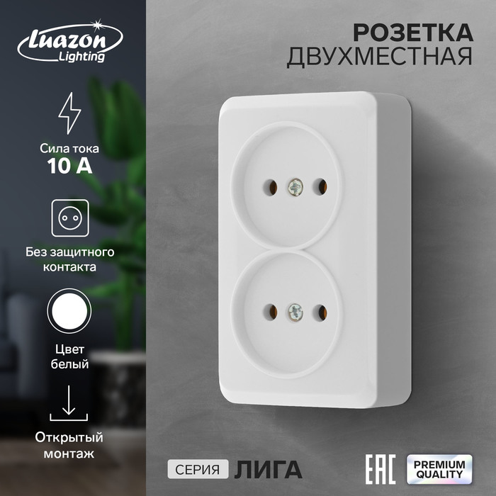 Розетка двухместная Luazon Lighting "Лига", 10 А, накладная, без з/к, белая