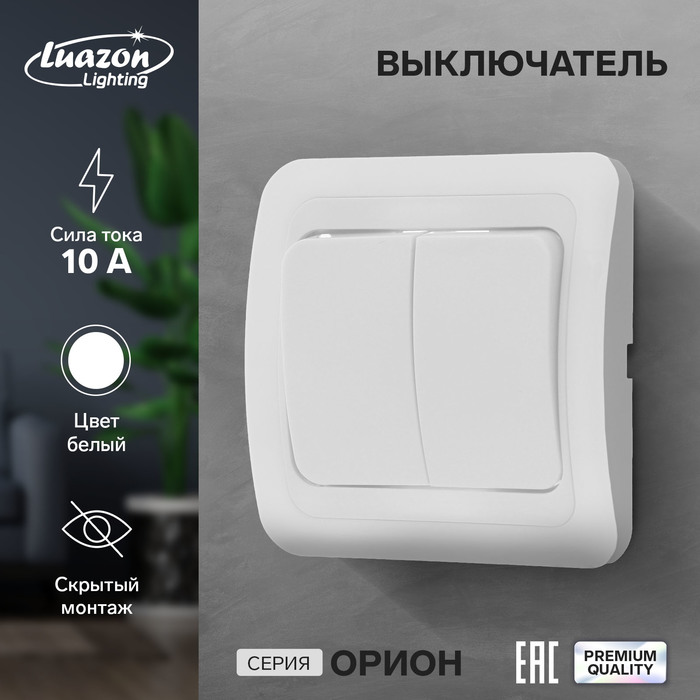 Выключатель Luazon Lighting "Орион", 10 А, 2 клавиши, скрытый, белый