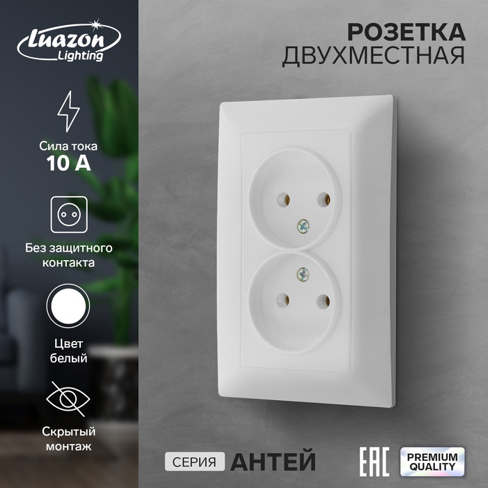 Розетка двухместная Luazon Lighting "Антей", 10 А, скрытая, без з/к, белая