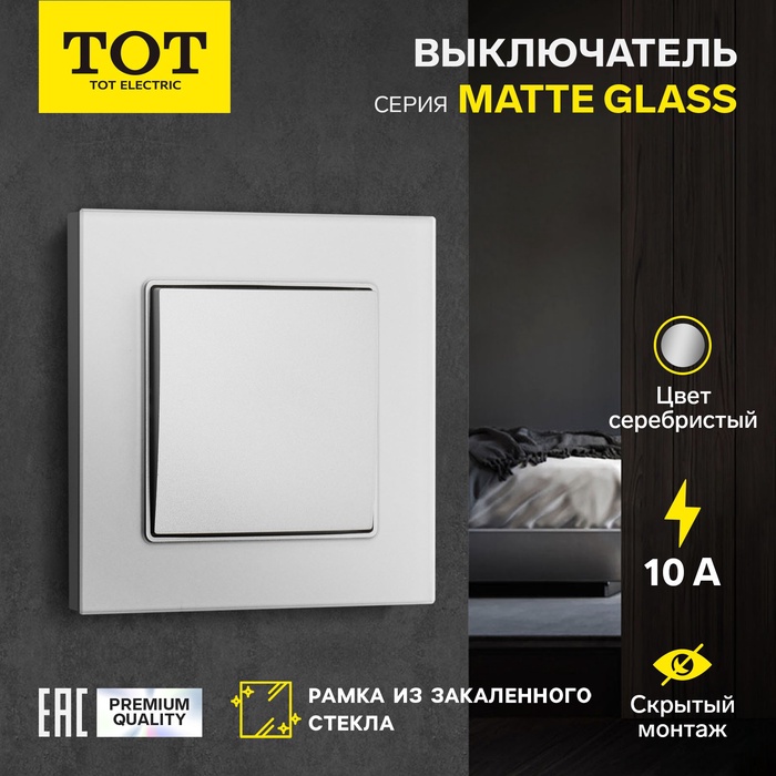 Выключатель TOT Matte Glass, 10 А, 1 кл., скрытый, стекло, серебристый