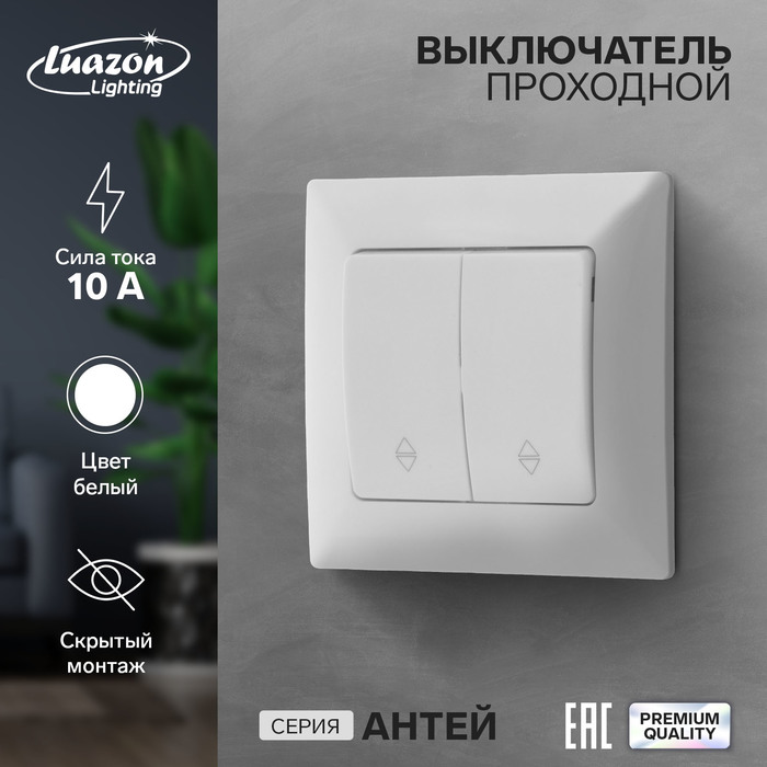 Выключатель проходной Luazon Lighting "Антей", 10 А, 2 клавиши, скрытый, белый