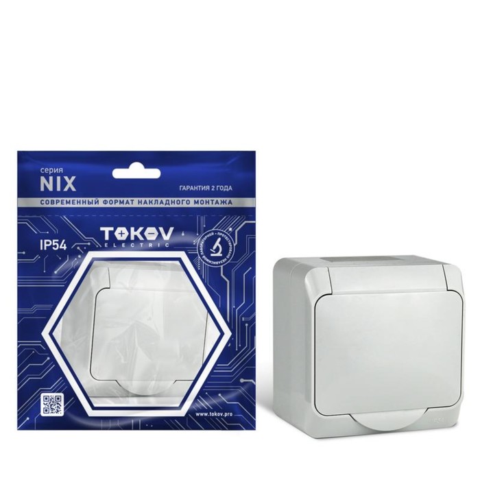 Розетка TOKOV ELECTRIC, Nix, с кр., 1-м, 16А, IP54, 250В, с з/к, серый, TKE-NX-R1Z-C06-IP54 10404705