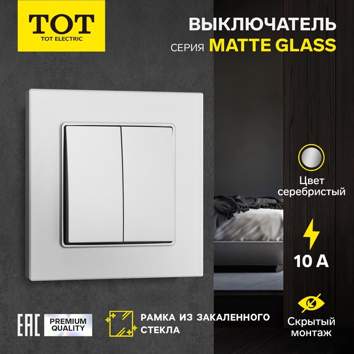 Выключатель TOT Matte Glass, 10 А, 2 кл., скрытый, стекло, серебристый