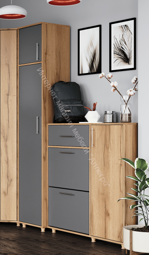 Пенал "Граф" 1-ств. с антресолью (левое исполнение) Тёмно серый/Дуб золотистый