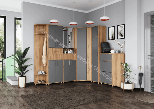 Пенал "Граф" 1-ств. с антресолью (левое исполнение) Тёмно серый/Дуб золотистый