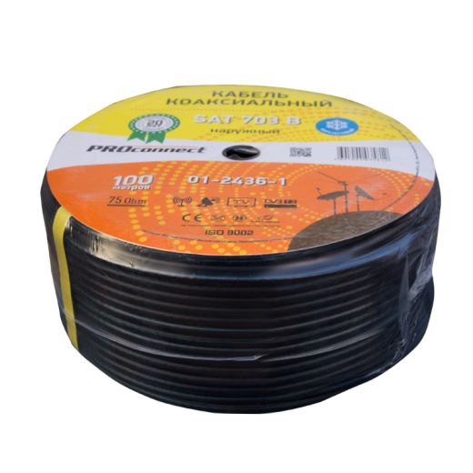 Кабель коаксиальный SAT 703 B, Cu/Al/Al, 75%, 75 Ом, 100 м, черный OUTDOOR, PROconnect