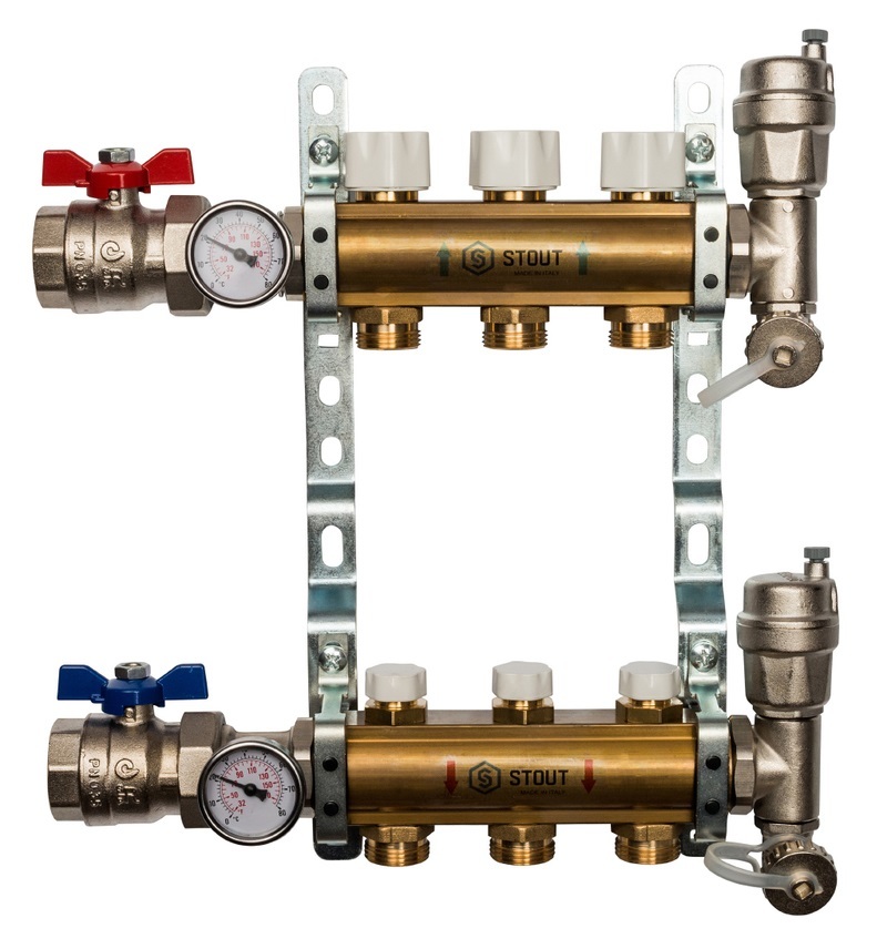 Stout 1"x3/4" на 3 выхода коллектор для радиаторного отопления из латуни (SMB-0468-000003)