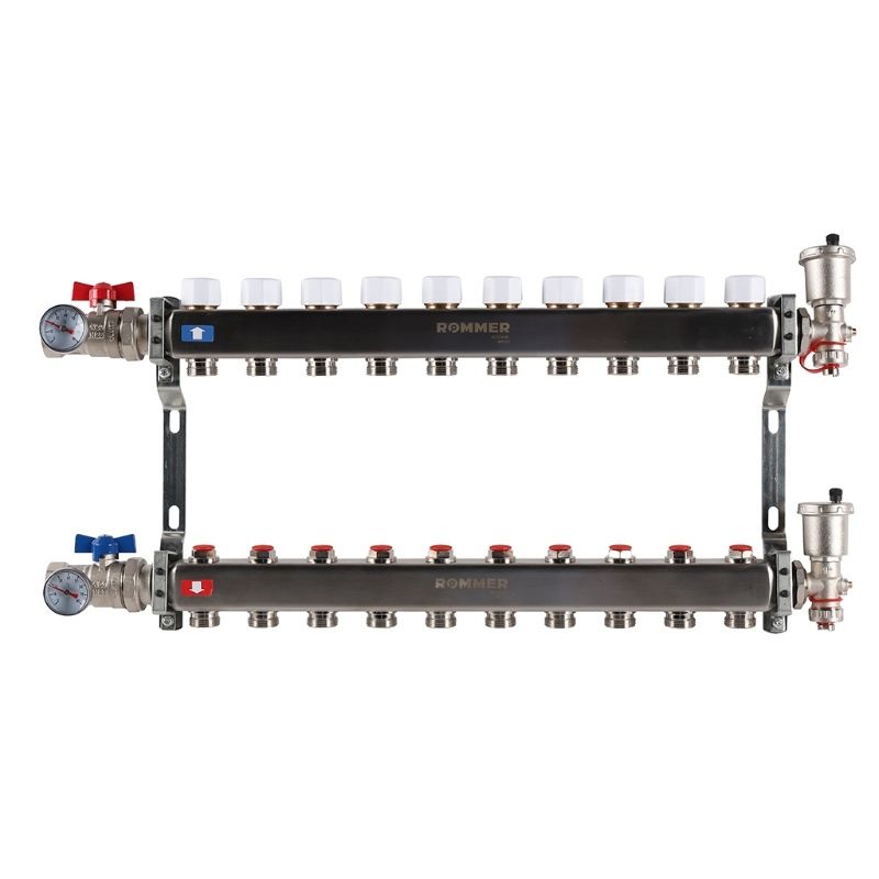 Rommer коллектор 1"x3/4", 10 контуров с запорными клапанами в сборе из нерж. стали RMS-3210-000010