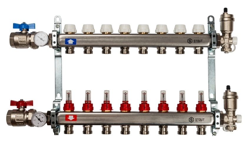 Stout 1" x 3/4" на 8 выходов коллектор с расходомерами в сборе из нерж. стали (SMS-0907-000008)