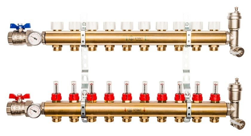 Stout 1"x3/4" на 10 выходов коллектор с расходомерами в сборе из латуни (SMB-0473-000010)