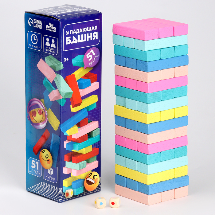 Игра настольная «Падающая башня цветная», 51 шт, 28,5 ? 8,5 ? 8 см