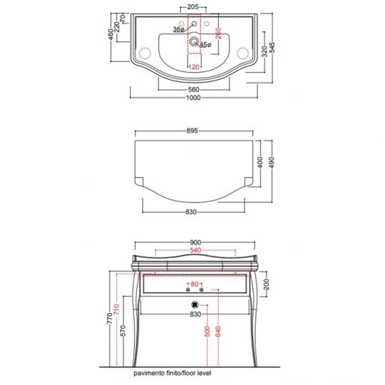 Тумба с раковиной Kerasan Retro  7363K3 100Х54 с ящиком схема 5