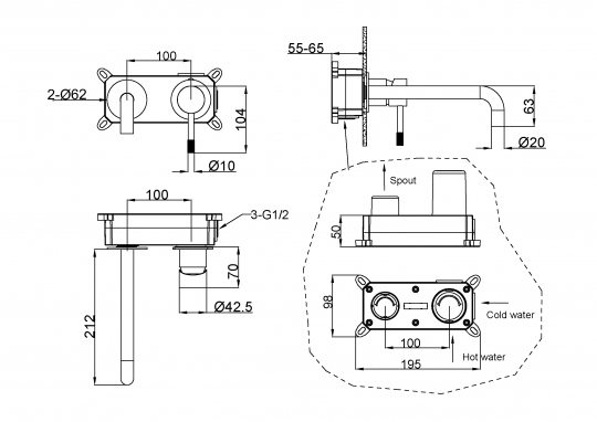 Однорычажный встраиваемый смеситель для раковины Boheme Uno 465 схема 2