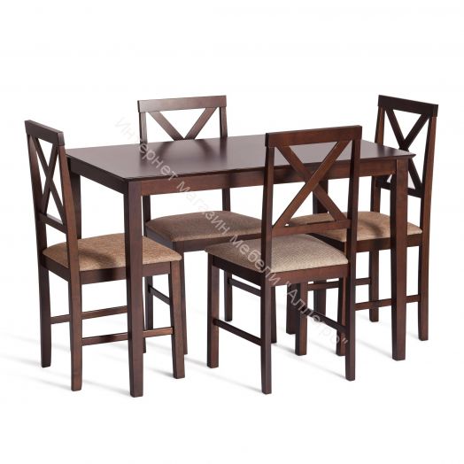 Обеденный комплект Хадсон (стол + 4 стула)/ Hudson Dining Set, дерево гевея/мдф, cappuccino/ткань корич.-золотой