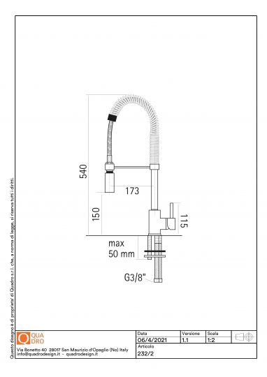 Смеситель для кухонной мойки Quadro design Kitchen Brass 232/2 CR с пружиной и двухструйным душем схема 2 Смеситель для кухонной мойки Quadro design Kitchen Brass 232/2 CR с пружиной и двухструйным душем схема 2