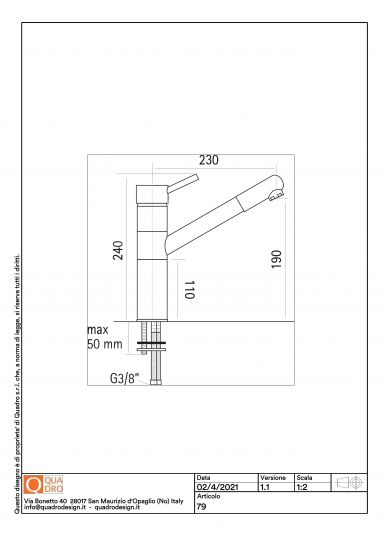 Кухонный смеситель Quadro design Kitchen Brass 79 CR прямой излив с душем схема 2