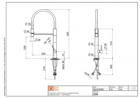 Кухонный смеситель Quadro design Kitchen Brass 398 гибкий излив схема 3