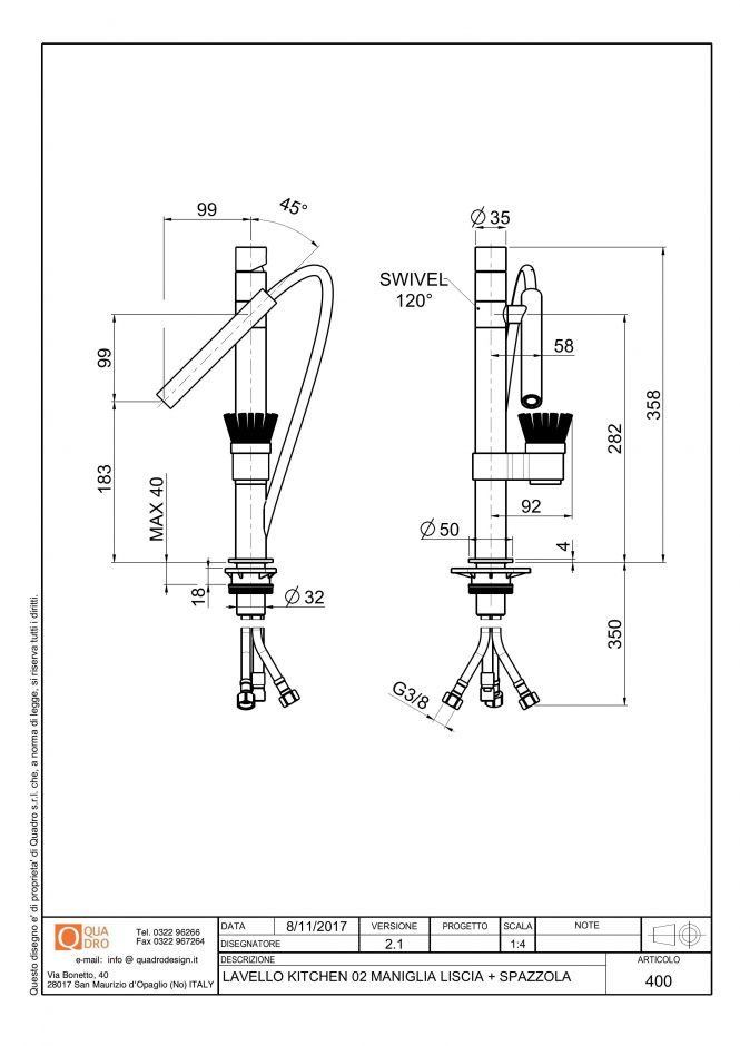 Кухонный смеситель Quadro design Kitchen Inox 400 с выдвижным изливом и комплектом «гидрощетка» ФОТО