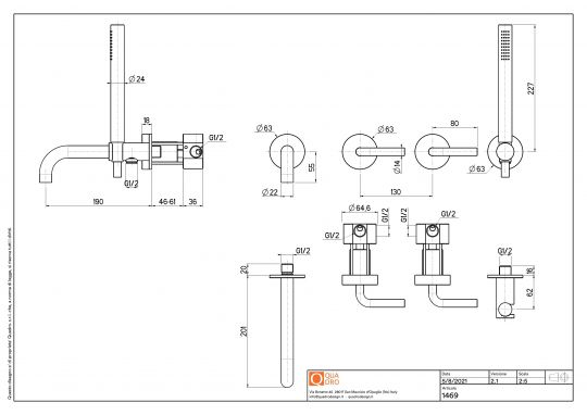 Смеситель для ванны и душа Quadro design Levo 14 69 AS настенный схема 2