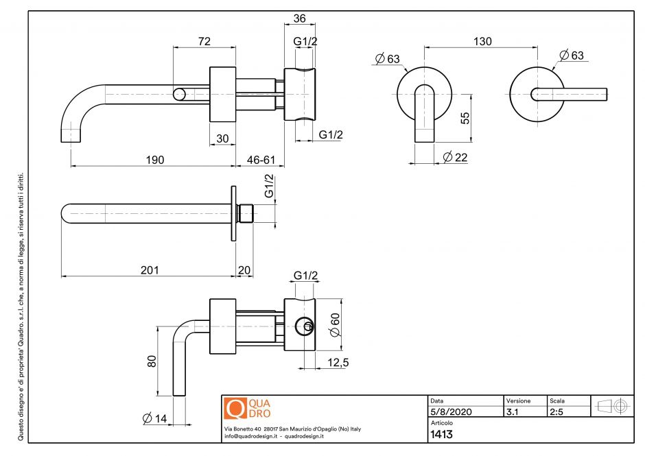 Смеситель для раковины Quadro design Levo 14 10.00 AS встраиваемый в стену ФОТО