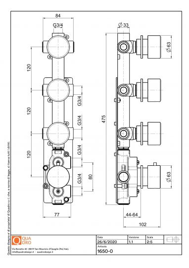 Термостатический смеситель Quadro design Stereo 16 50.0 три запорных крана схема 5