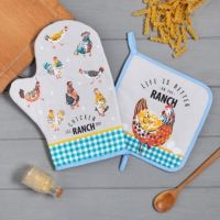 Кухонный набор Этель Chicken Ranch: варежка-прихватка 20×28 см, прихватка 19×19 см, 100% хлопок
