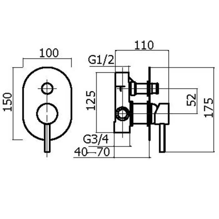 Внутренняя часть встраиваемого смесителя Plumberia Selection IXO INT0036BO для душа на 2 выхода с кнопочным девиатором диаметр 35 мм ФОТО