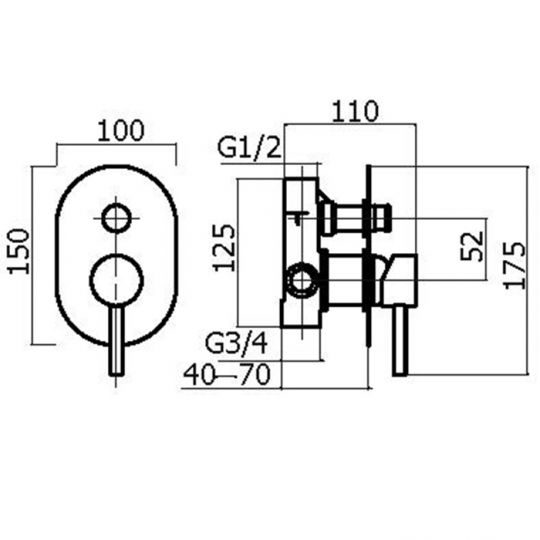 Внутренняя часть встраиваемого смесителя Plumberia Selection IXO INT0036BO для душа на 2 выхода с кнопочным девиатором диаметр 35 мм схема 2