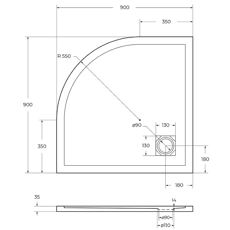 Душевой поддон из искусственного камня BelBagno Uno 90x90 TRAY-MR-UNO-R-90-550-35-NERO Черный схема 5