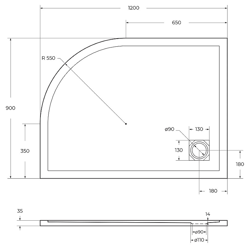 Душевой поддон из искусственного камня BelBagno Uno 120x90 L TRAY-MR-UNO-RH-120/90-550-35-W-L Белый схема 5