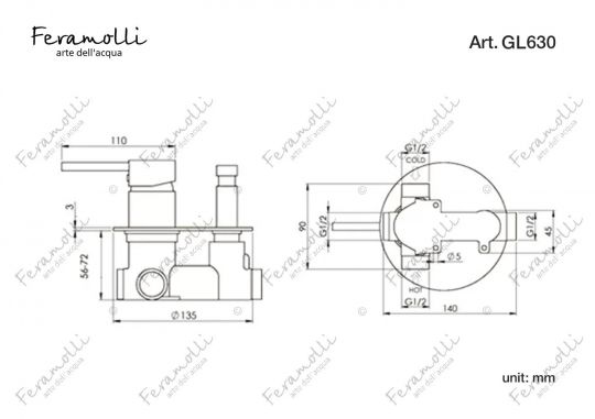 Смеситель однорычажный скрытого монтажа ванна/душ Feramolli GL630, золото схема 2 Смеситель однорычажный скрытого монтажа ванна/душ Feramolli GL630, золото схема 2