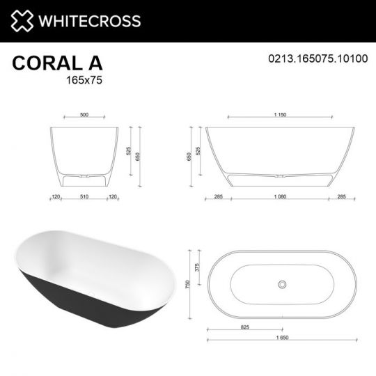 Овальная отдельностоящая ванна WHITECROSS Coral A 165x75 0213.165075 схема 22