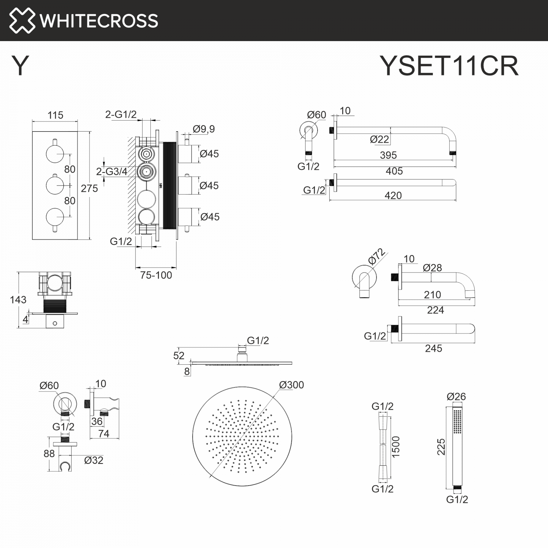 Термостатическая душевая система с изливом скрытого монтажа WHITECROSS Y YSET11CR хром схема 3