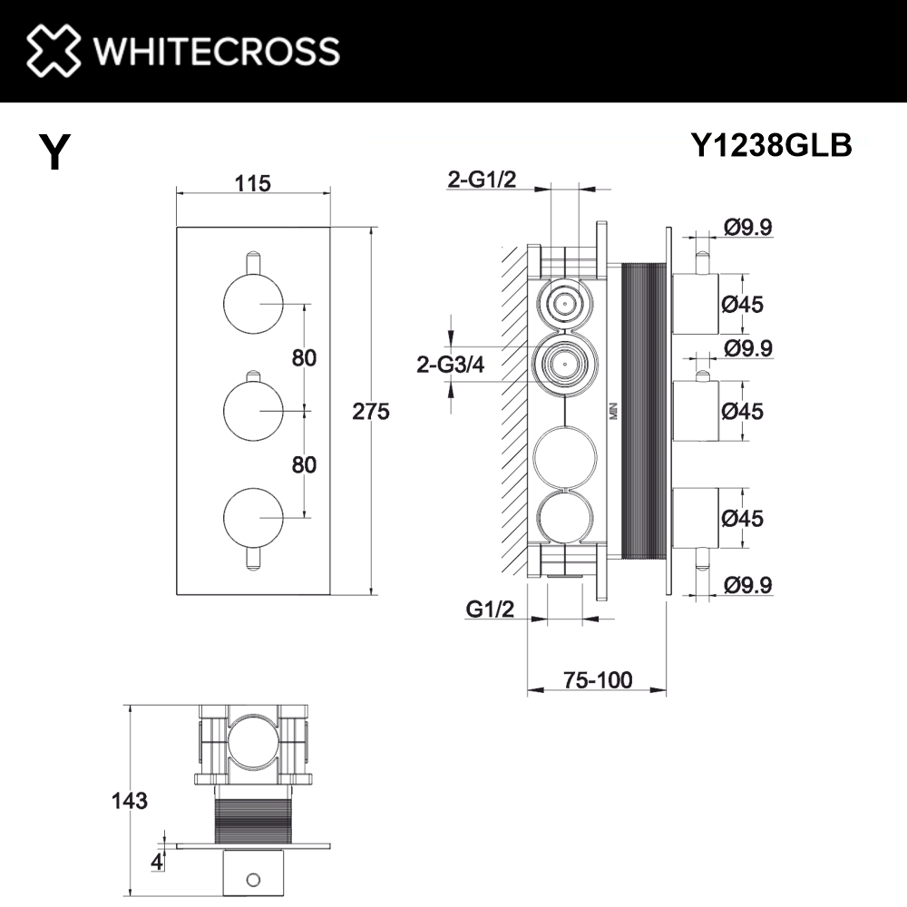 Смеситель термостатический для душа скрытого монтажа WHITECROSS Y Y1238GLB золото схема 3