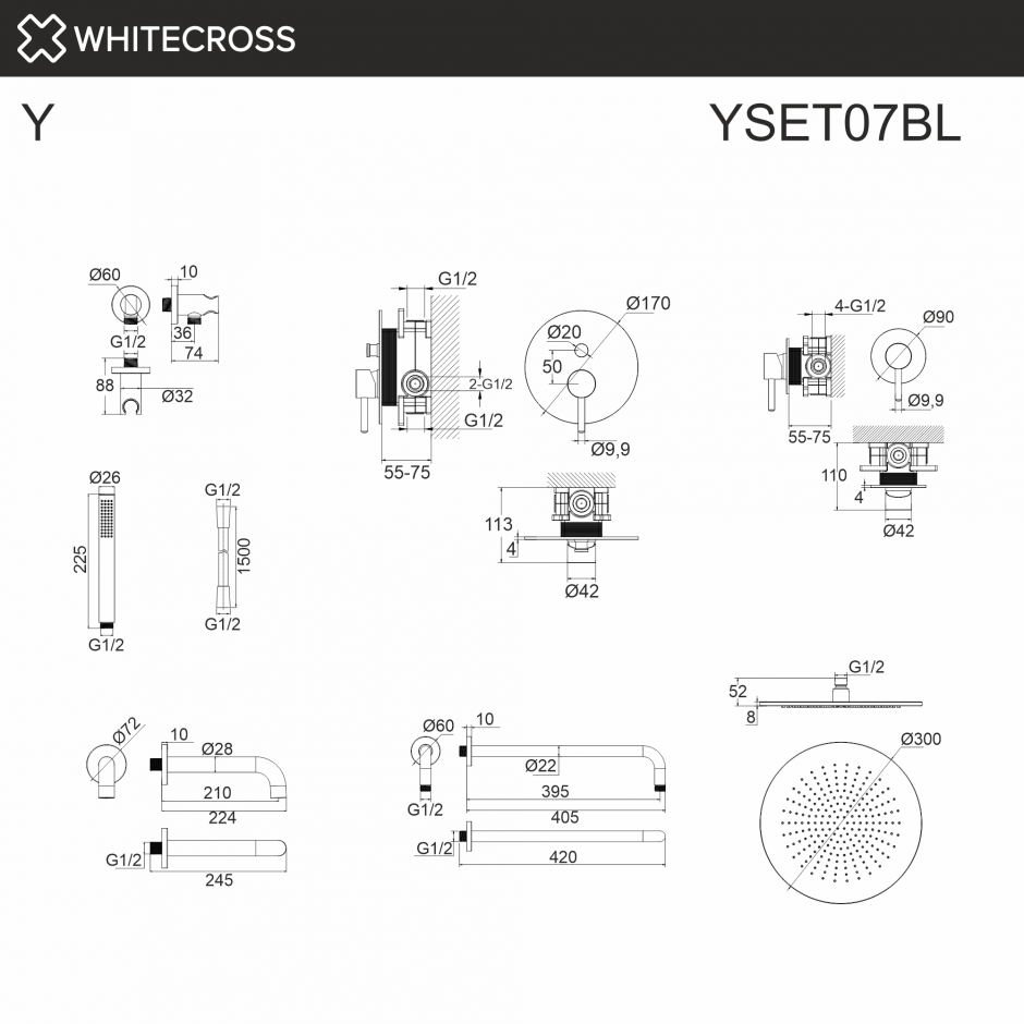 Душевая система с изливом скрытого монтажа WHITECROSS Y YSET07BL черный матовый ФОТО