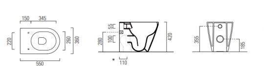 Унитаз безободковый приставной GSI KUBE X 941009 360 мм х 550 мм, без крепления, белый матовый ФОТО