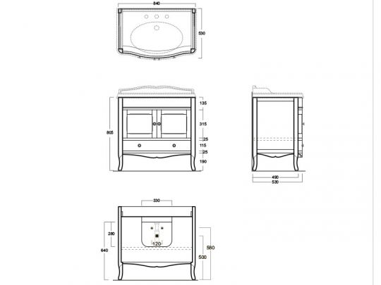 Тумба под раковину Simas Arcade ARMC90 с изогнутыми дверцами 84х49 см схема 2