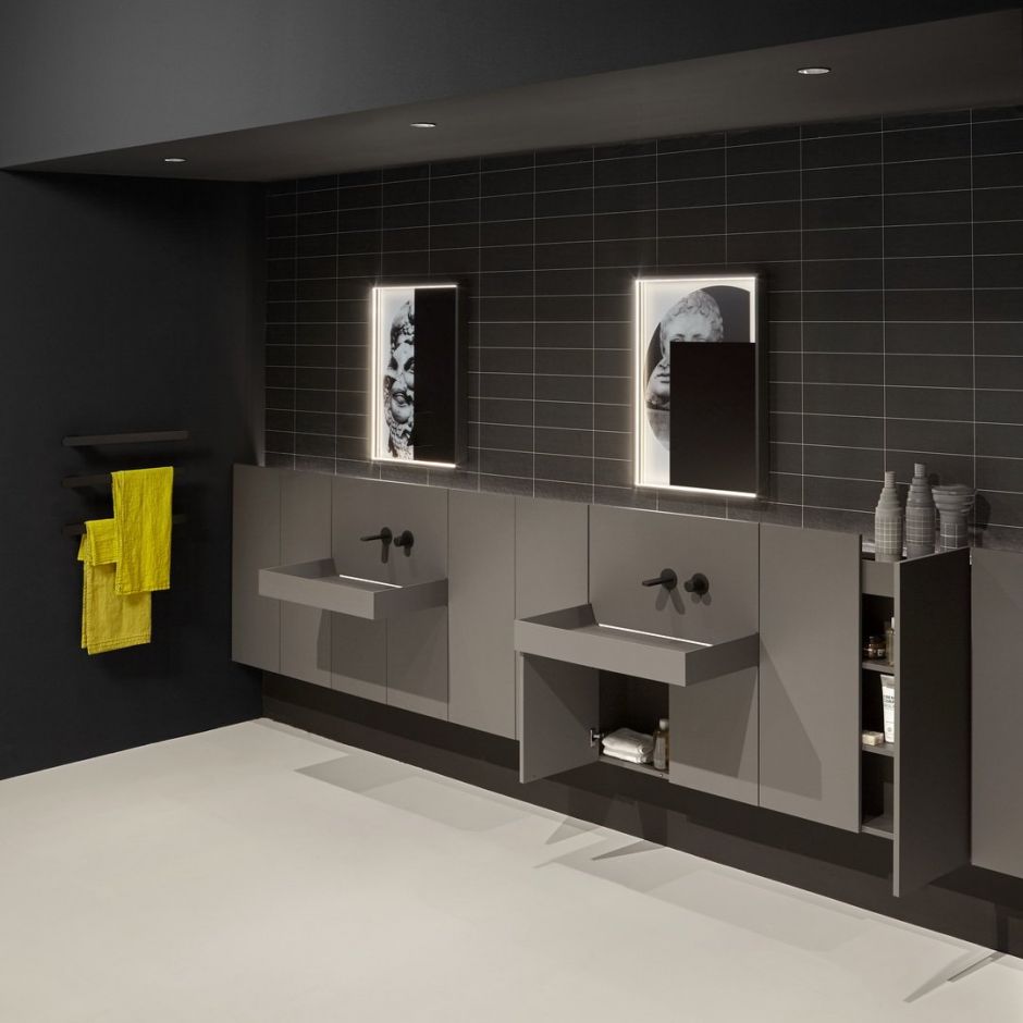 Шкаф подвесной Antonio Lupi ALBO5372W с LED подсветкой, 2 дверки, с топом, GRIGIO SMOG LUCIDO ФОТО