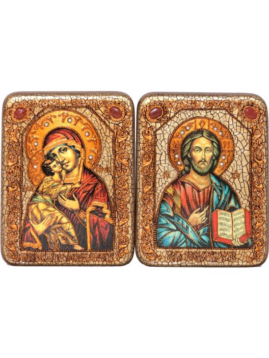 Венчальная пара инкрустированных подарочных икон «Владимирская икона Божией Матери» и «Господь Вседержитель» на мореном дубе (15*20 см, Россия) в подарочной коробке