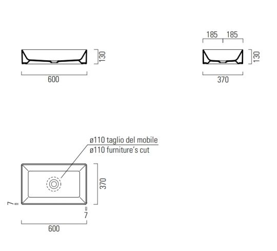 Раковина накладная прямоугольная GSI KUBE X 945305 370 мм х 600 мм, без перелива, цвет Tortora Matte ФОТО