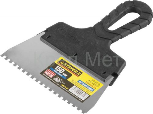STAYER PROFlat, 150 мм, зуб 4 х 4 мм, пластиковая ручка, зубчатый, нержавеющий фасадный шпатель, Professional (1009-15-04)
