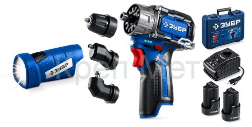 ЗУБР КОМБИ #4, набор: модульная дрель-шуруповерт + LED фонарь, BRUSHLESS, 12 В, 45 Н·м, 2 АКБ тип Т7 (2 А·ч), кейс, Профессионал (DB-125-22F)