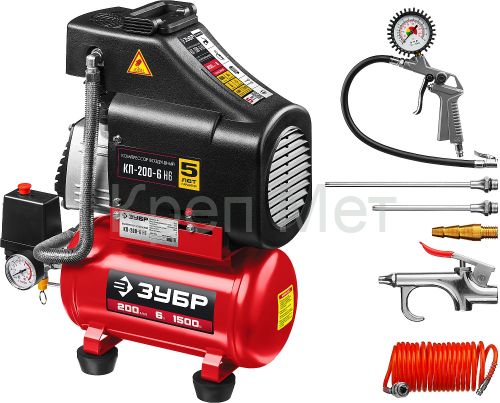 ЗУБР 200 л/мин, 6 л, 1500 Вт, 6 предметов, безмасляный компрессор (КП-200-6 Н6)