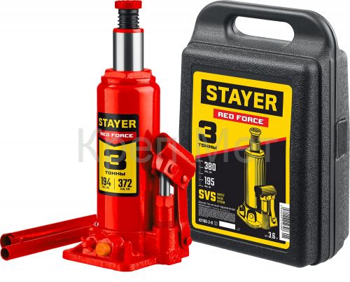 STAYER RED FORCE, в кейсе, 3 т, 194 - 375 мм, бутылочный гидравлический домкрат, Professional (43160-3-K)