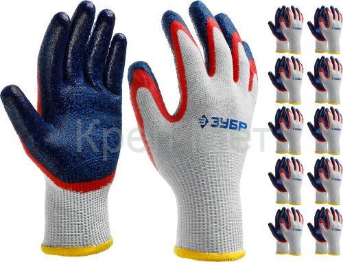 ЗУБР ЗАХВАТ-2 L-XL, х/б перчатки с двойным текстурированным нитриловым обливом, повышенная износостойкость, 13 класс, 10пар, Профессионал (11454-K10)