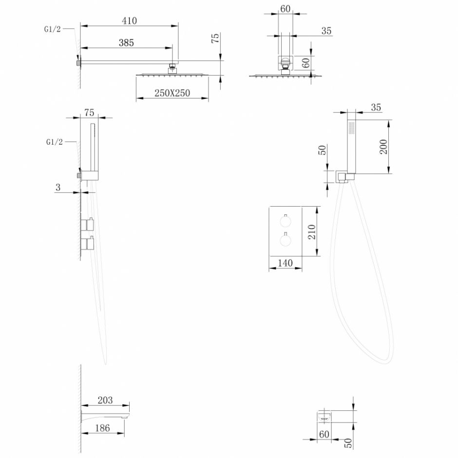 Душевая система ABBER Weiss Insel AF8050B скрытого монтажа с изливом, термостат, черная матовая ФОТО