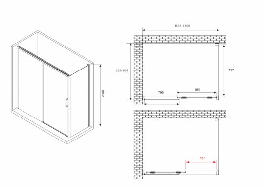 Душевой уголок ABBER Komfort AG93170B-S92B 170х90 см схема 2